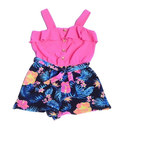 NWT Justice Girls Ruffle Hawaii Pink Orange Black Beach Romper Sz L 12/14 - Picture 8 of 9
